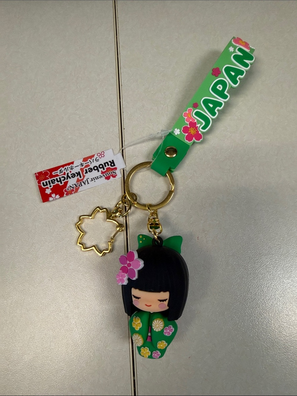 Japan Doll Rubber Keychain - Green Kokeshi Charm
